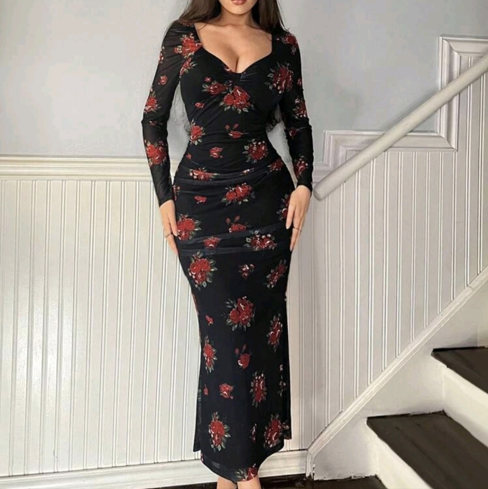 Floral Black and Red Maxi Dress